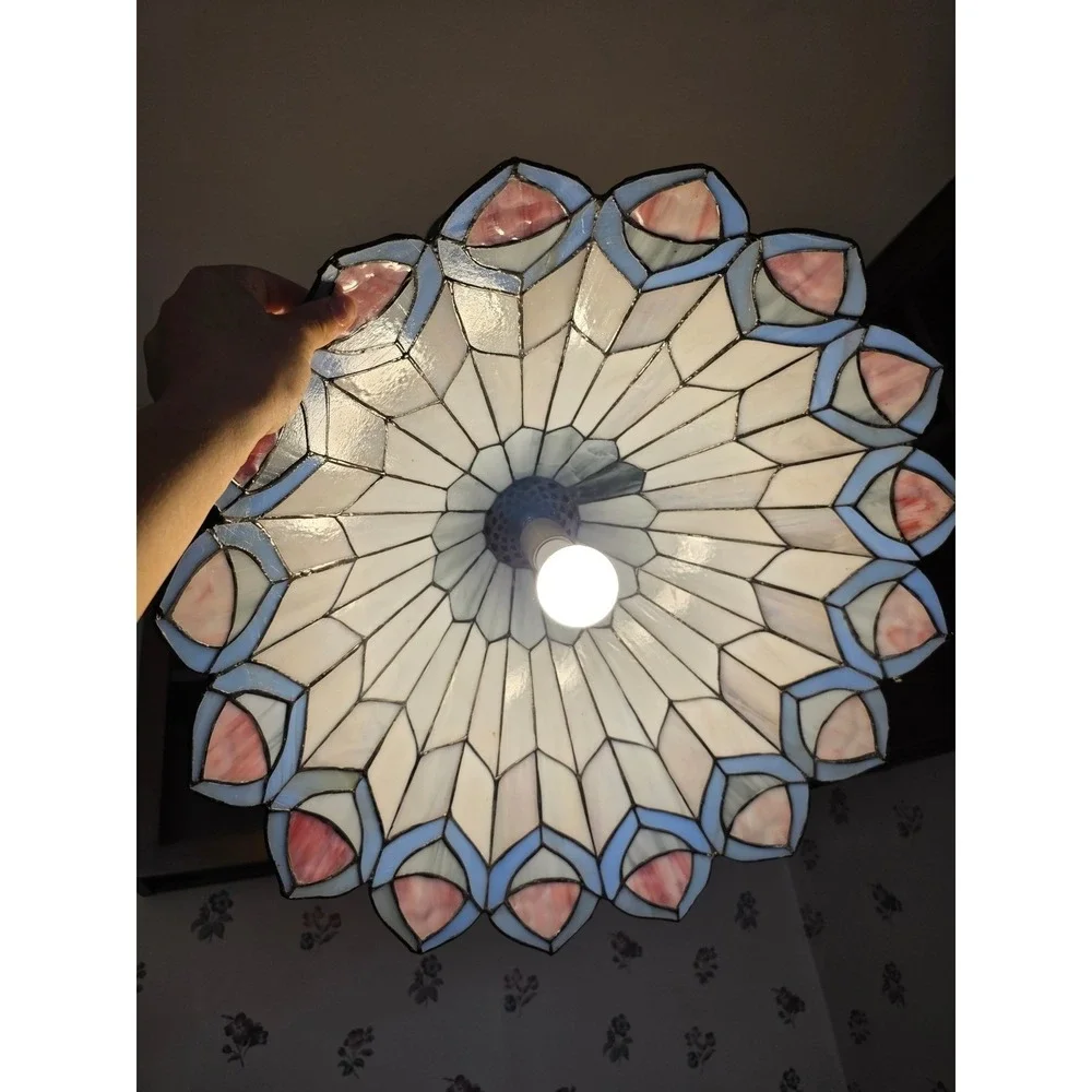 Tiffany Style Stained Glass Pendant Light Peacock Feather Slag Glass Lamp Cream